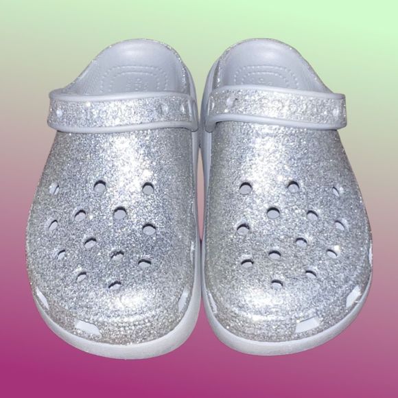NWOB Crocs Atmosphere/Silver Glitter Classic Cutie Platform Clogs Size J2 - Picture 2 of 7